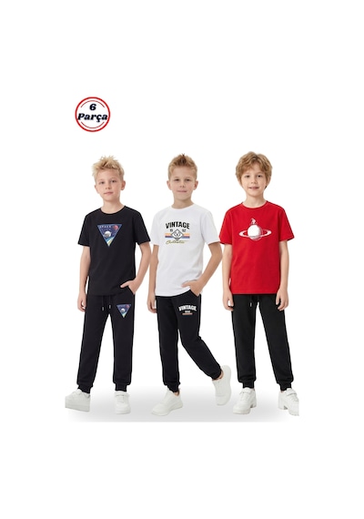 Panios Kids 3'lü Yuvarlak Yaka Baskı Detaylı Erkek Detaylı 6 Parça Erkek Çocuk Alt Üst Takım Siyah - Beyaz - Kırmızı
