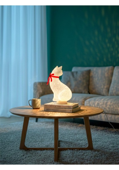 Sincara Home Kedi Petek Dekor / Masa Ve Gece Lambası / Beyaz Kedi - Kırmızı Kurdele