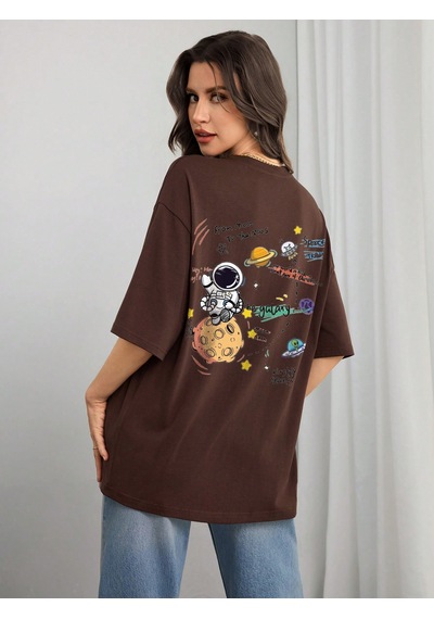 Unisex Galaksi Tasarım Basklı Tshirt Kahverengi