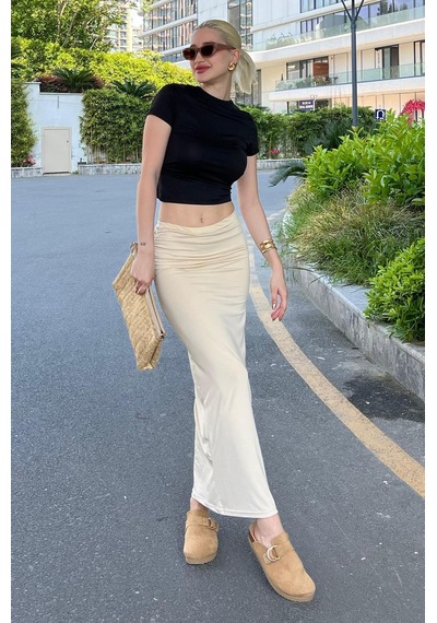 Madmext Bej Yandan Büzgülü Maxi Etek Mg2085 Bej