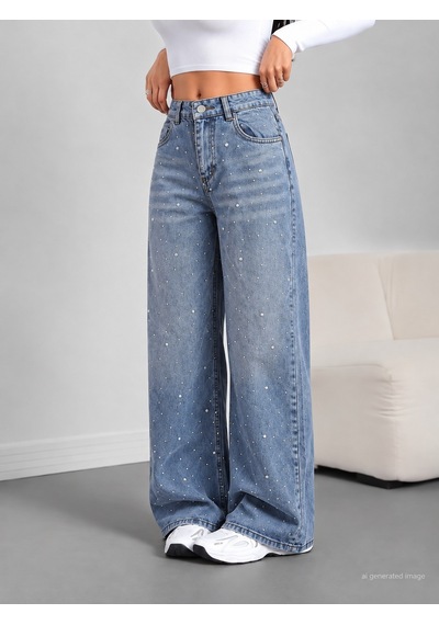 Bhrwear Kadın Yüksek Bel Taşlı Cep Detaylı Paçaya Doğru Genişleyen Kot Pantolon Renkli