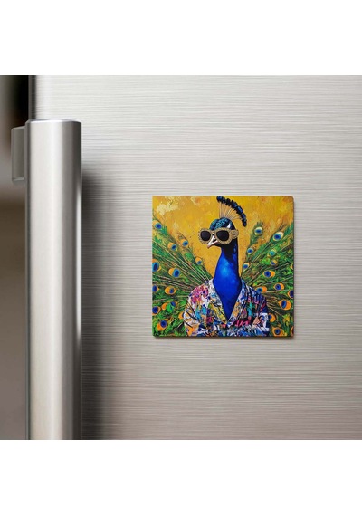 Peacock - Tavus Kuşu - Güneş Gözlüklü Style - Buzdolap Magneti - 9x9 Cm