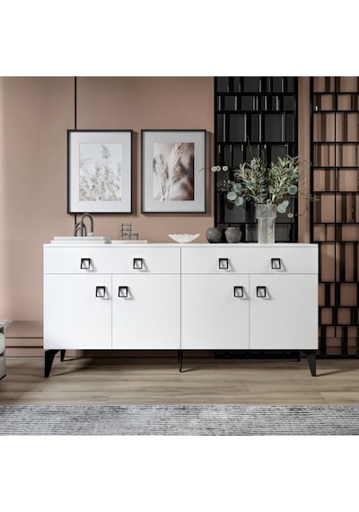 Elara Konsol 180 Cm Beyaz, Metal Ayaklı 4 Kapaklı 2 Çekmeceli Modern Konsol Beyaz