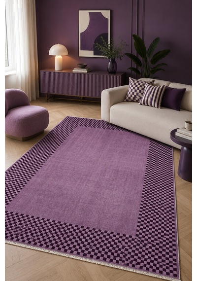 Mürdüm Lila Damalı Bordürlü Modern Halı Geometrik Salon Ve Oda Halısı 3047-4 Mor