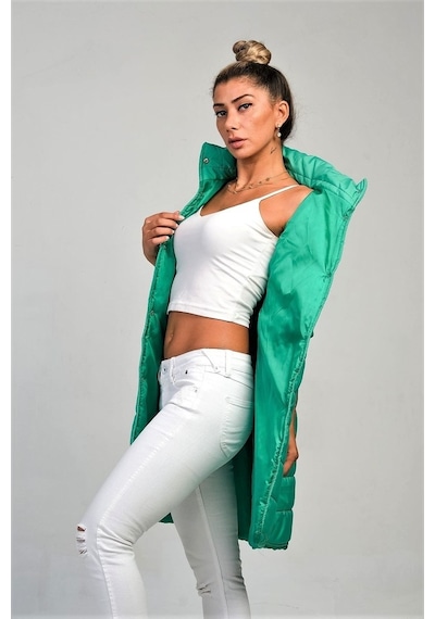 Keyifli Moda Kadın Yeşil Dik Yaka Cep Detaylı Uzun Şişme Yelek