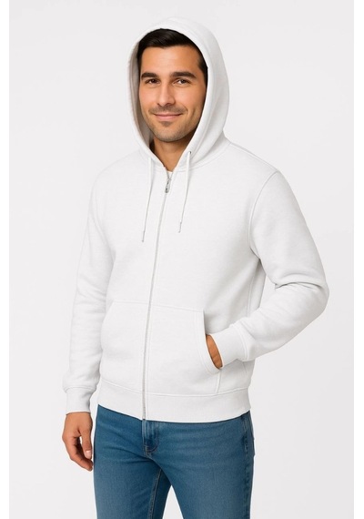 Valensdesign Erkek Üç İplik Kapüşonlu Tam Fermuarlı Kanguru Çepli Sweatshirt Hoodie - Beyaz