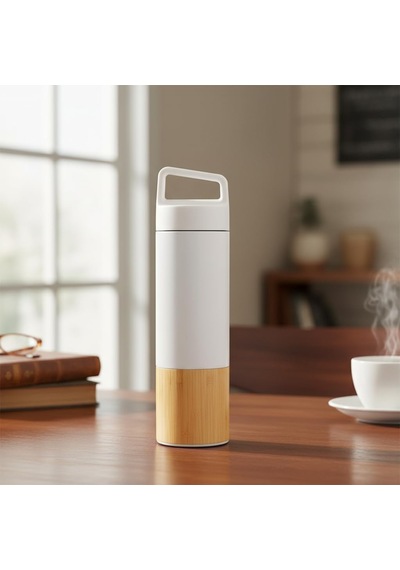 600 Ml Bambu Tabanlı Kulplu Çelik Termos Mug - 5 Renk Seçenekli Sıcak/soğuk Tutucu Seyahat Bardağı Beyaz Çok Renkli