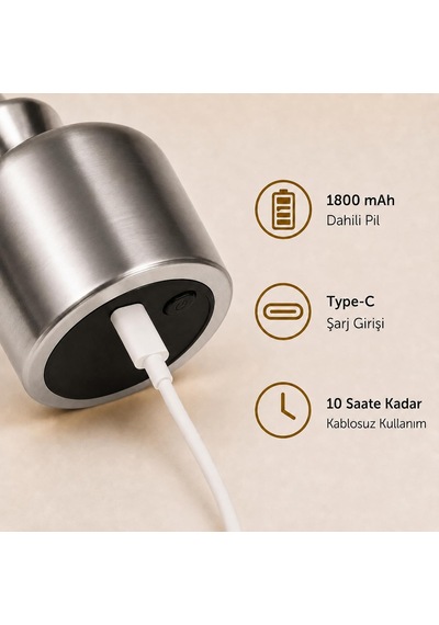 Tr Şarj Edilebilir Led Mantar Masa Lambası, Dokunmatik 3 Renk Modlu, 1800 Mah Kablosuz Metal Abajur, Usb Type-c Şarjl Diğer