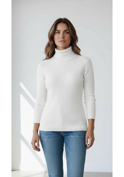 Miss Poem Kadın Ekru Fitilli Balıkçı Yaka Slim Fit Triko Kazak Ekru