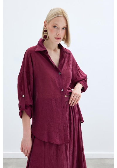 Sateen Kol Detaylı Salaş Gömlek - Bordo-136247 Bordo