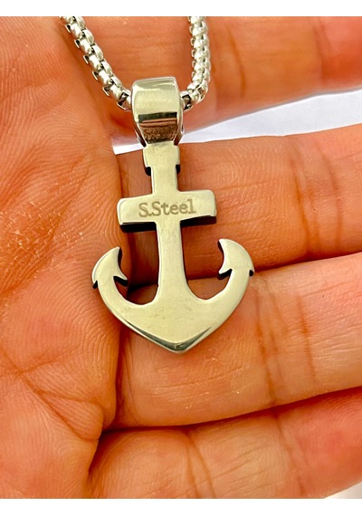 Erkek Paslanmaz Çelik Çapa Kolye Kuru Kafa Detaylı Silver Zincir Gümüş