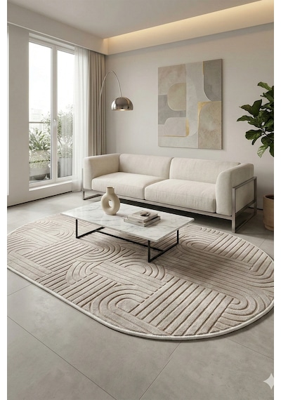 Modern Oval Halı Bambu Dokulu Kaymaz Taban Yumuşak Salon Yatak Odası Halısı Gri