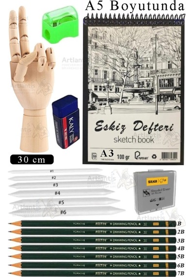 Ahşap El Modeli 30 Cm Ve A5 Eskiz Defteri Modelleme Seti 1 Paket Dereceli Kalem Karakalem Dağıtma Hamur Silgi Kalemtraş