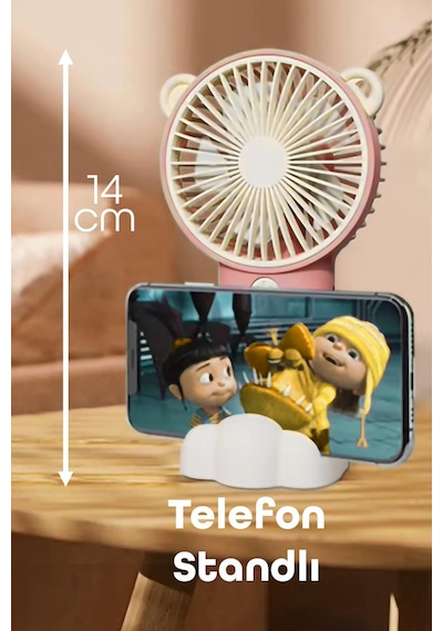 Şarjlı Telefon Standlı Mini El Fanı Seyahat Masaüstü Vantilatör Taşınabilir Mini Fan Pembe 0808