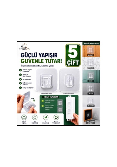 5'li Şeffaf Çift Taraflı Geçmeli Yapışkanlı Askı Priz Ve Tablo Sabitleyici Matkapsız Duvar Aparatı Şeffaf Şeffaf