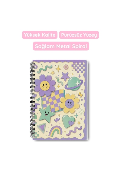 Nostaljik Estetik Papatya Ve Renkli Geometrik Tasarım A5 50 Yaprak 100 Sayfa Spiralli Çizgili Defter