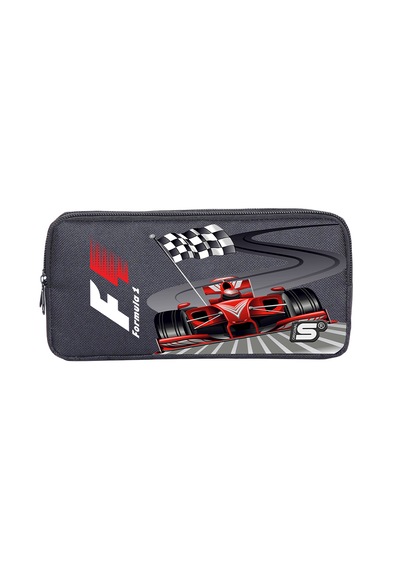 Formula Yarış Arabası Bayrak Desenli Çift Bölmeli Kalemlik Gri