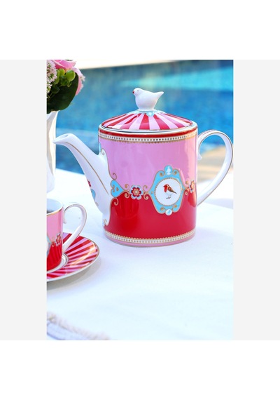 Kırmızı Pembe Porselen Demlik 1300 Ml