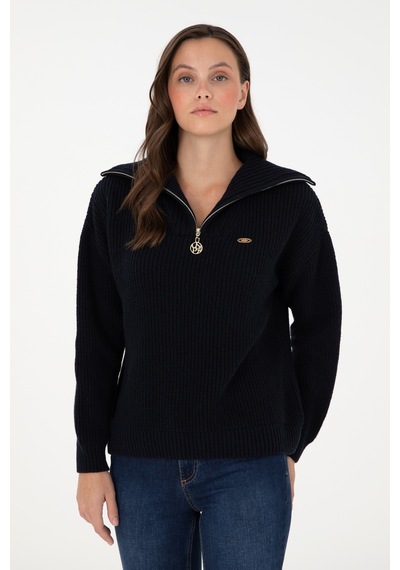 U.S. Polo Assn. Kadın Lacivert V Yaka Fermuarlı Kazak 50297086-VR033