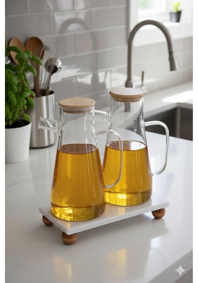 Reoona Mermer Stantlı Borosilikat Masterchef Bambu Kapaklı Cam Yağlık 2 Li Set 900 Ml+900 Ml Şeffaf - Şeffaf