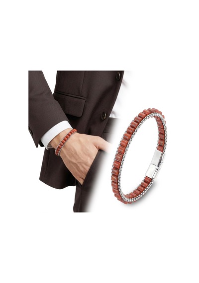 Moncuk Design Kırmızı Jasper Doğal Taşlı Hasır Örgü Zincirli Erkek Çelik Bileklik 33512b28d18 Kahverengi