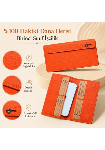 Xmlbayiciniz Hakiki Deri Erkek Kadın Cüzdan Telefon Bölmeli, 12 Kart Kapasiteli, 2 Kağıt Para Ve Bozuk Para Bölmeli, Manyet Çok Renkli