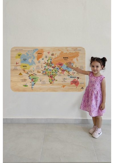 Ahşap Görünümlü Türkçe Eğitici Detaylı Atlası Dünya Haritası Duvar Sticker -60x105-3868 - Renkli Çok Renkli