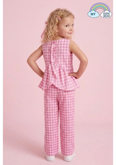 My Kids Wear Kız Çocuk Pötikareli Peplum Bluz Ve Pantolon Takımı 12689 Pembe