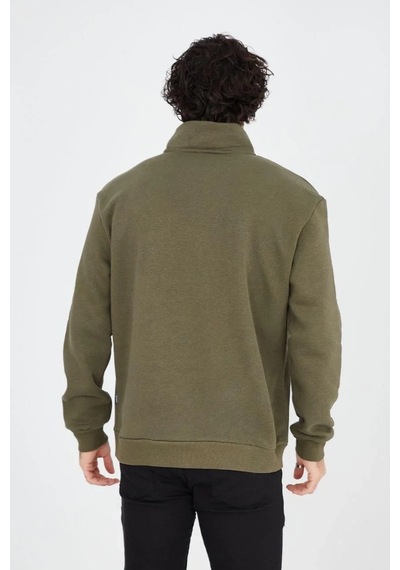 Erkek Yarım Fermuarlı Baskılı 3 İplik Pamuklu Sweatshirt - Yeşil YESIL