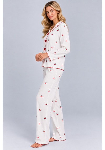 Pijamask Kadın Desenli Fiyonk Detaylı Düğmeli Uzun Kollu Müslin Pijama Takımı Beyaz