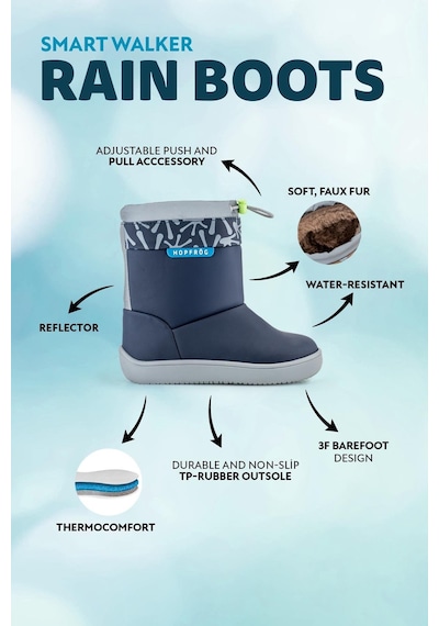 Hopfrög Rain Boots Süper Mat Lacivert Suya Ve Soğuğa Dayanıklı Barefoot Çocuk Botu Lacivert
