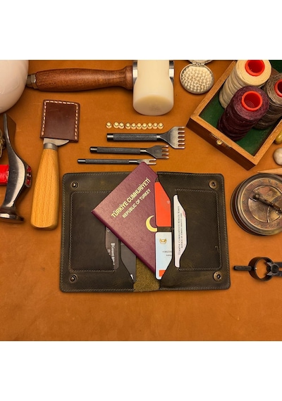 Bideri Ani Hakiki Deri Passport Cüzdan Kılıf Haki