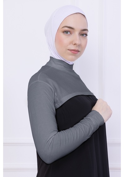 Loggia Balıkçı Yaka Boyunluklu Kolluk Açık Gri - Likralı Dik Yakalı Kadın Body Tesettür Crop Bolero Açık Gri