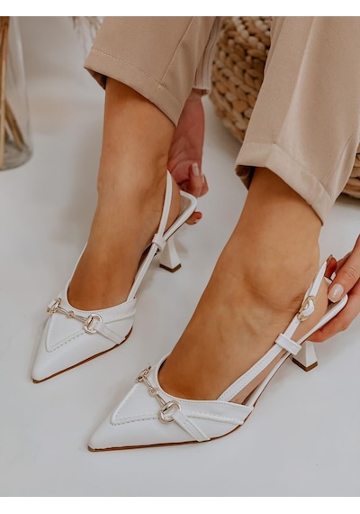 Ervanın Butiği Beyaz Deri Moss Toka Detay Kadın Stiletto-3537