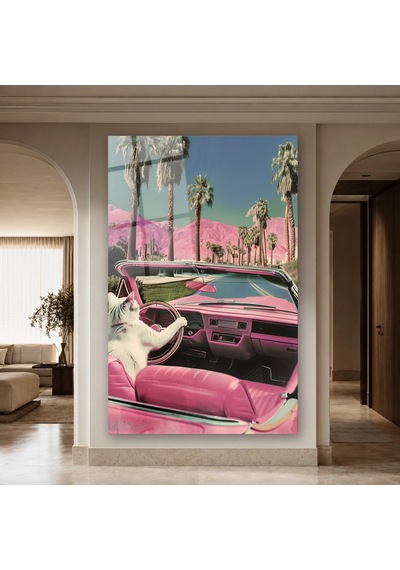 Pembe Arabayı Süren Kedi Çerçevesiz Cam Tablo