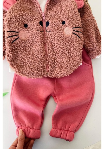 Minigimin Cicileri Kedi Figürlü Peluş Ceketli, Baskılı Tişörtlü Ve Fırfır Paçalı Kız Bebek 3 Lü Takım - Gül Kurusu Minigimin Cicileri Kedi Figürlü Peluş Ceketli, Baskılı Tişörtlü Ve Fırfır Paçalı Kız Bebek 3 Lü Takım - Gül Kurusu