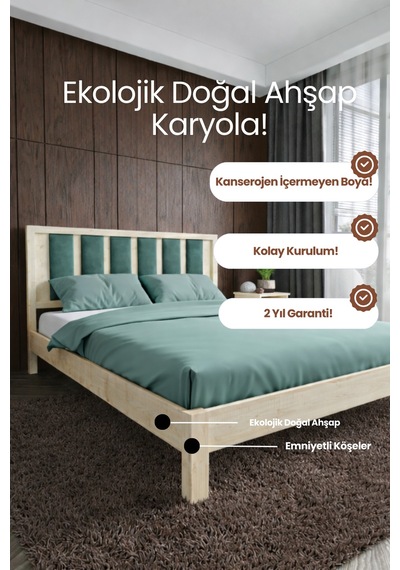 Ori On Çağla Yeşili Puf Başlıklı Masif Ahşap Vernik 100x200