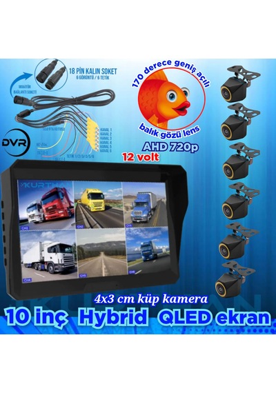 4x3 Cm. Küp Ahd 720p 170 Derece Balık Gözü Lens Kamera Qled Ekran 10'' Dvr Monitör 12 V 256 Gb