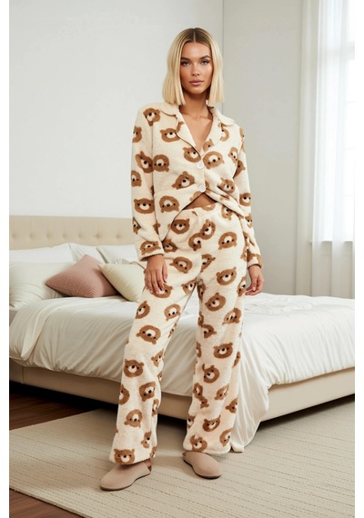 Benerly Kadın Gömlek Yaka Standart Kol Regular Kalıp Wellsoft Örme Pijama ekru