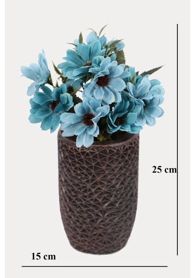 Lüx Beton Retro Tombul Vazoda Yapay Papatya Dekoru 25 Cm Mavi