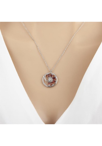Kırmızı Taşlı Rodyum Kaplama 925 Gümüş Kadın Kolye