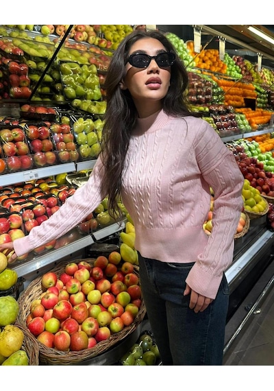 Madmext Pembe Yarım Balıkçı Yaka Örgülü Triko Kadın Kazak Mg2257 Pembe