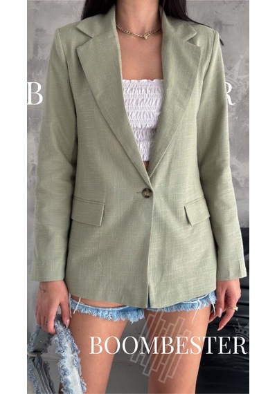 Boombester Kadın Flam Keten Astarlı Blazer Ceket Çizgili Astar Detay Rahat Kalıp İnce Ceket Haki Boombester Kadın Flam Keten Astarlı Blazer Ceket Çizgili Astar Detay Rahat Kalıp İnce Ceket Haki