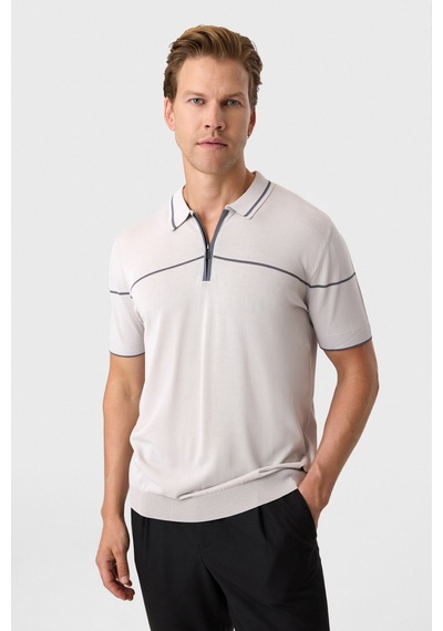 Back And Bond Gri Regular Fit Fermuarlı Polo Yaka Triko Tişört Açık Gri