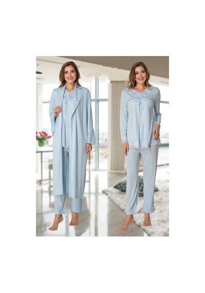 Effortt Dvina Lohusa Hamile Dantel Detaylı Sabahlıklı Ve Uzun Kollu Pijama Takımı -3'lü Set - Mavi Mavi