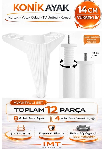 İmt Aksesuar Konik 14 Cm Beyaz Mobilya Ayağı 12'li Set Robot Süpürgeye Uyumlu Koltuk Tv Ünitesi Konsol Ayağı Beyaz