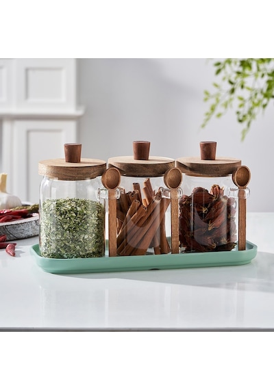 Qerhome 3'lü Borosilikat Cam Akasya Kapaklı Ve Kaşıklı Kavanoz Seti 450 Ml Şeffaf