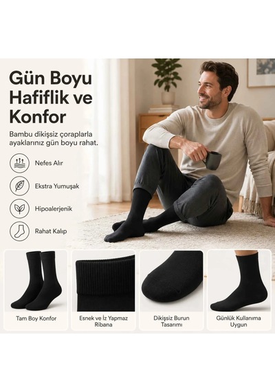 Genel Erkek Bambu Soket Çorap 6 Lı Paket, Dikişsiz Parfümlü Nefes Alan Yumuşak Nem Em Siyah 6'lı / 39-44