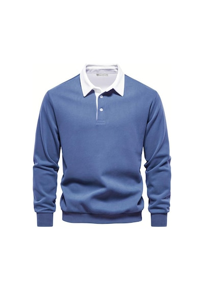 Ghassy Co. Erkek Retro Renk Bloklu Pamuklu Gömlek Yaka Sweatshirt Mavi
