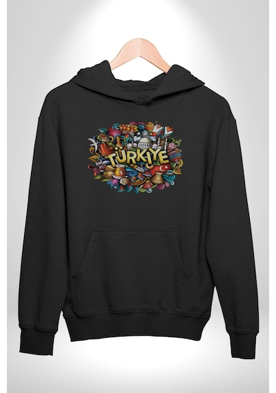 Turkiye Özel Karakterleri Kadın Erkek Siyah Kapüşonlu Sweatshirt Hoodie Siyah